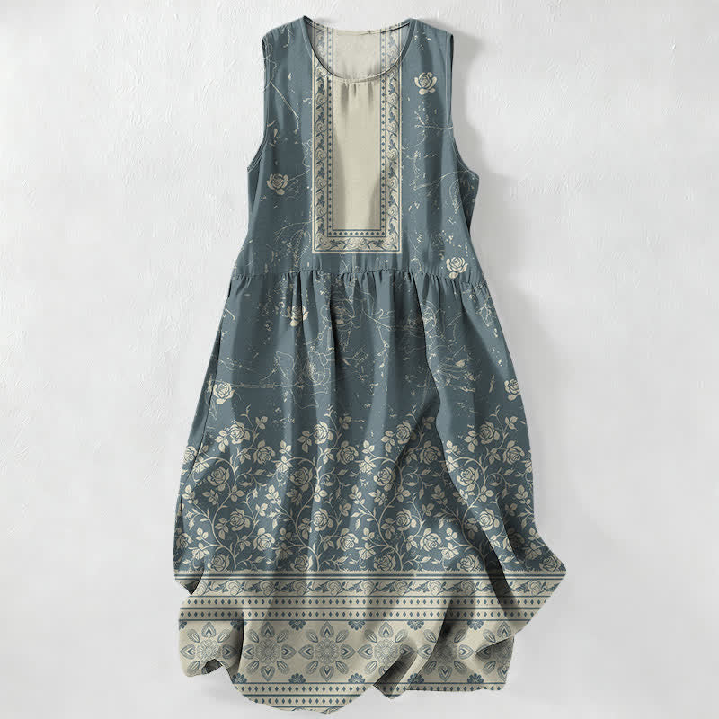 Buddha Stones Robe midi d'été décontractée pour femme, à motif floral vintage et sans manches, avec poches - CadetBlue - US16，UK/AU20，EU48 (3XL) - image 4
