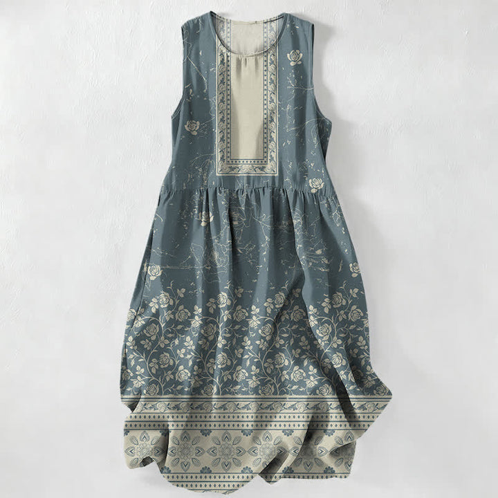 Buddha Stones Robe midi d'été décontractée pour femme, à motif floral vintage et sans manches, avec poches - CadetBlue - US16，UK/AU20，EU48 (3XL) - image 4