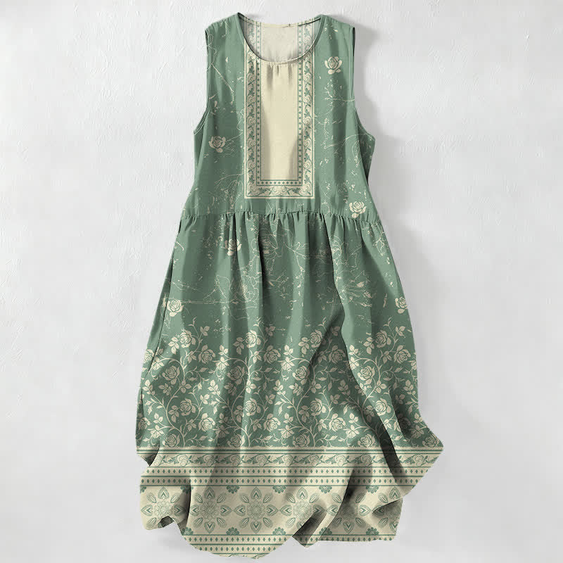Buddha Stones Robe midi d'été décontractée pour femme, à motif floral vintage et sans manches, avec poches - Vert d'eau - US16，UK/AU20，EU48 (3XL) - image 5