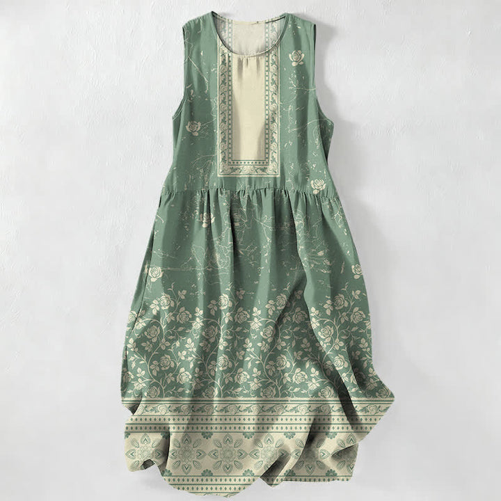 Buddha Stones Robe midi d'été décontractée pour femme, à motif floral vintage et sans manches, avec poches - Vert d'eau - US16，UK/AU20，EU48 (3XL) - image 5