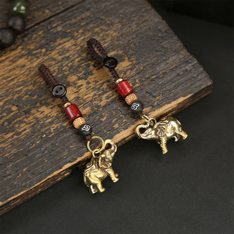 Buddha Stones Porte-clés en laiton en forme d'éléphant, de cinq pièces d'empereur et de gourde Pi Xiu, symboles de sagesse - image 3