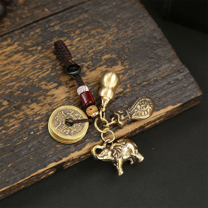 Buddha Stones Porte-clés en laiton en forme d'éléphant, de cinq pièces d'empereur et de gourde Pi Xiu, symboles de sagesse - Pièces de monnaie Sac d'argent Gourde - image 1