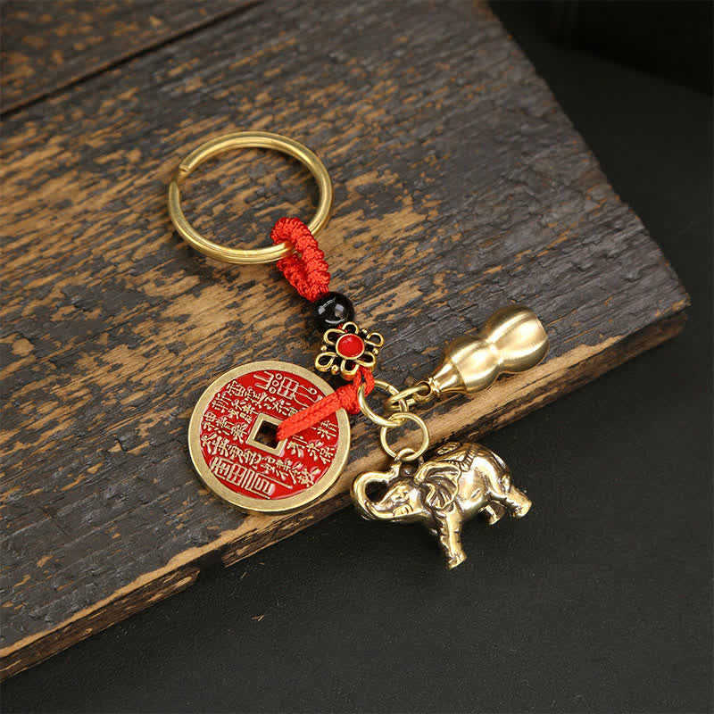 Buddha Stones Porte-clés en laiton en forme d'éléphant, de cinq pièces d'empereur et de gourde Pi Xiu, symboles de sagesse - Courge à cordon rouge - image 13