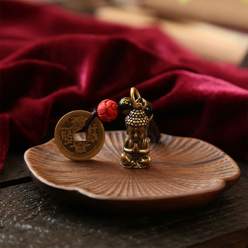 Buddha Stones Porte-clés en laiton avec Bouddha, cinq pièces d'empereur et cordon tressé, symbole de compassion - image 11