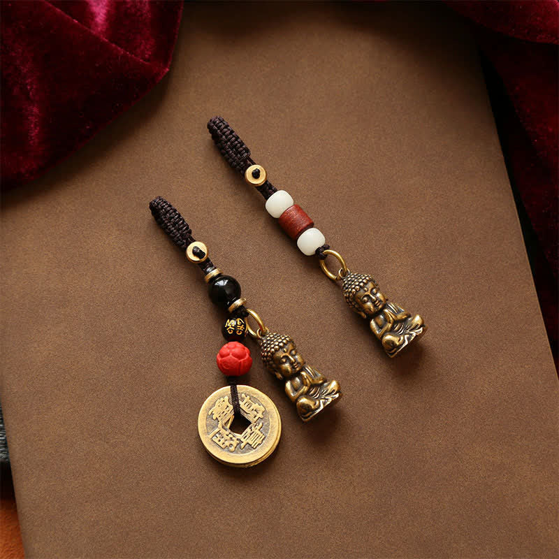 Buddha Stones Porte-clés en laiton avec Bouddha, cinq pièces d'empereur et cordon tressé, symbole de compassion - image 16