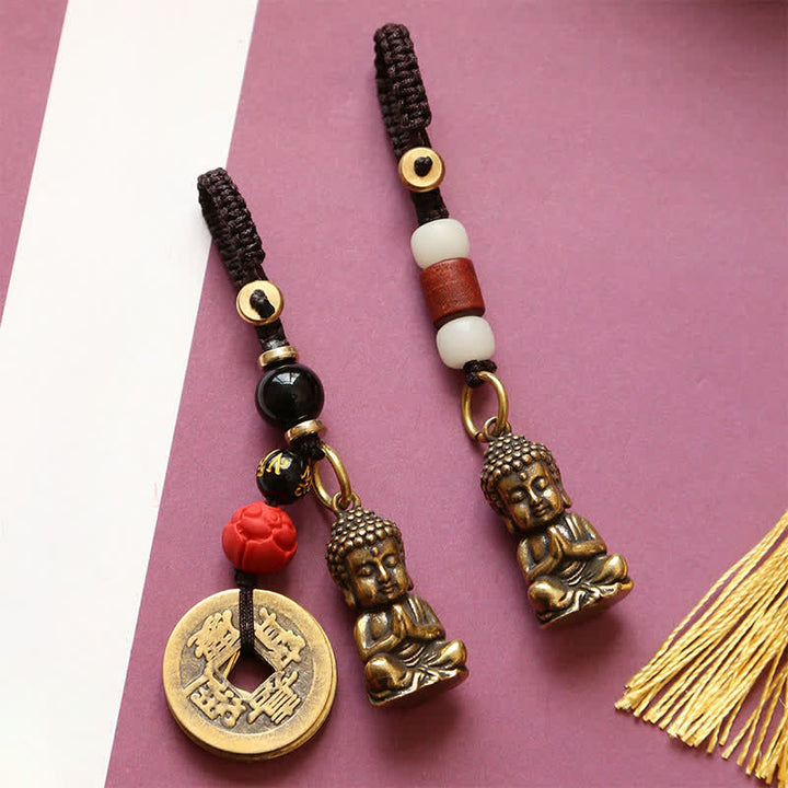 Buddha Stones Porte-clés en laiton avec Bouddha, cinq pièces d'empereur et cordon tressé, symbole de compassion - image 17