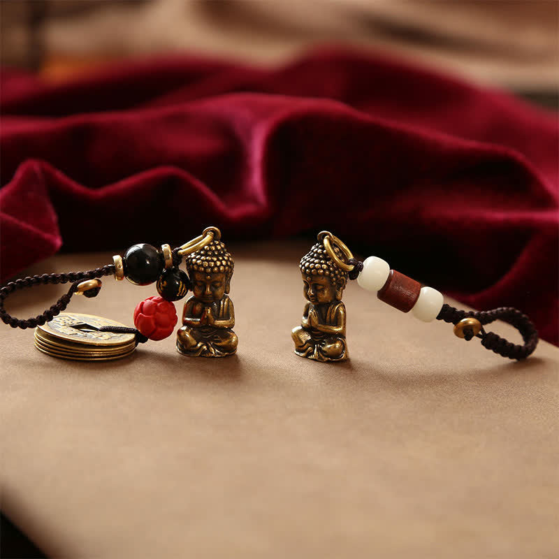 Buddha Stones Porte-clés en laiton avec Bouddha, cinq pièces d'empereur et cordon tressé, symbole de compassion - image 20