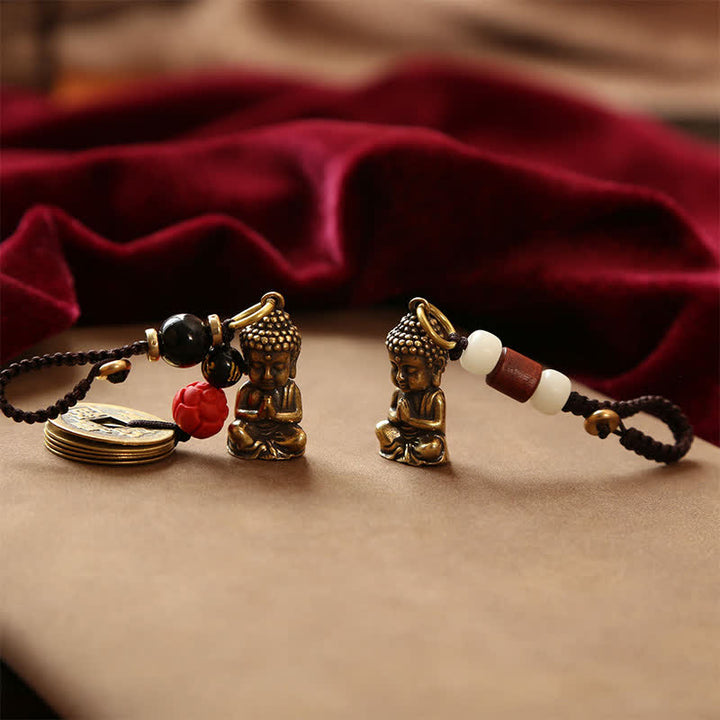 Buddha Stones Porte-clés en laiton avec Bouddha, cinq pièces d'empereur et cordon tressé, symbole de compassion - image 20