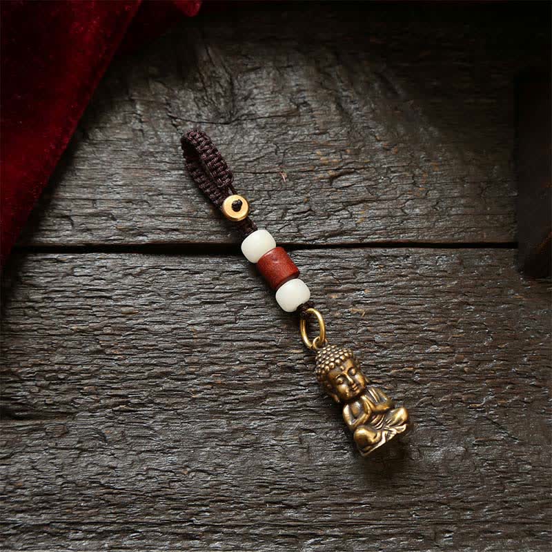 Buddha Stones Porte-clés en laiton avec Bouddha, cinq pièces d'empereur et cordon tressé, symbole de compassion - Cordon de perles blanches - image 1