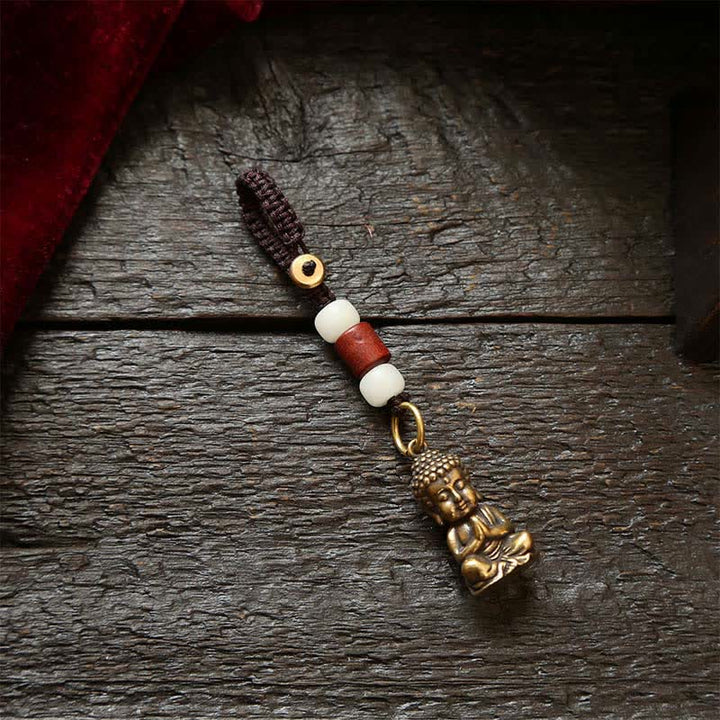 Buddha Stones Porte-clés en laiton avec Bouddha, cinq pièces d'empereur et cordon tressé, symbole de compassion - Cordon de perles blanches - image 1