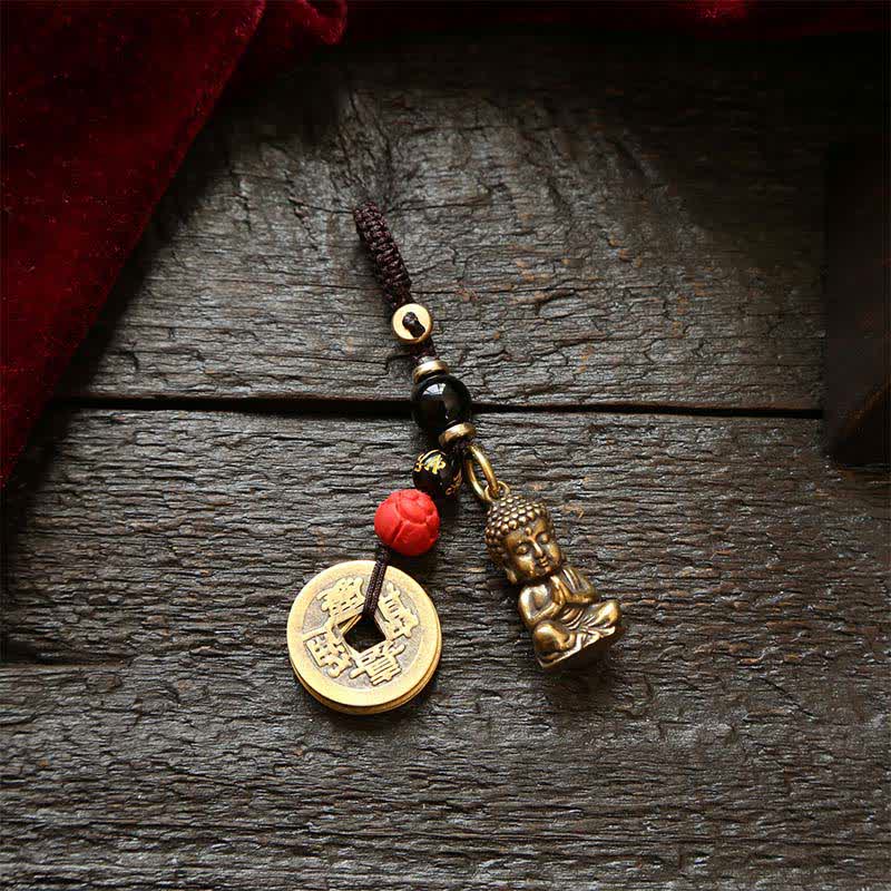 Buddha Stones Porte-clés en laiton avec Bouddha, cinq pièces d'empereur et cordon tressé, symbole de compassion - Cinq pièces d'empereur - image 8