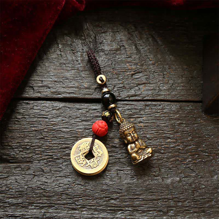 Buddha Stones Porte-clés en laiton avec Bouddha, cinq pièces d'empereur et cordon tressé, symbole de compassion - Cinq pièces d'empereur - image 8