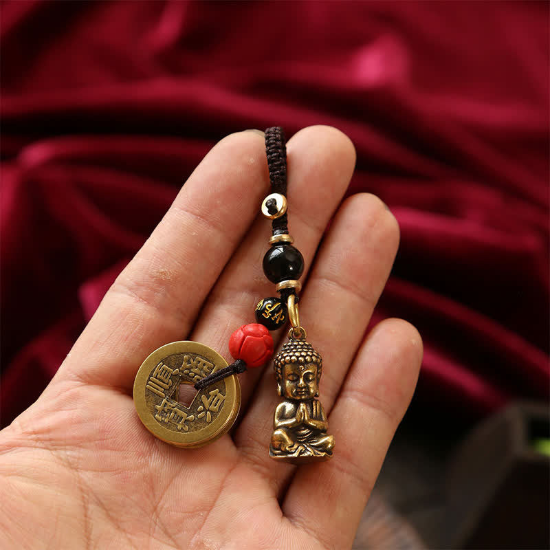 Buddha Stones Porte-clés en laiton avec Bouddha, cinq pièces d'empereur et cordon tressé, symbole de compassion - image 15