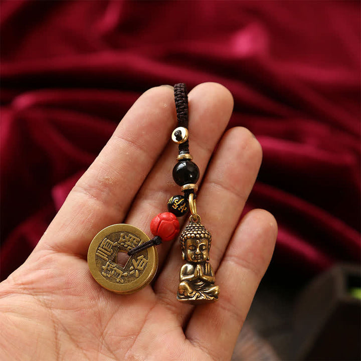 Buddha Stones Porte-clés en laiton avec Bouddha, cinq pièces d'empereur et cordon tressé, symbole de compassion - image 15
