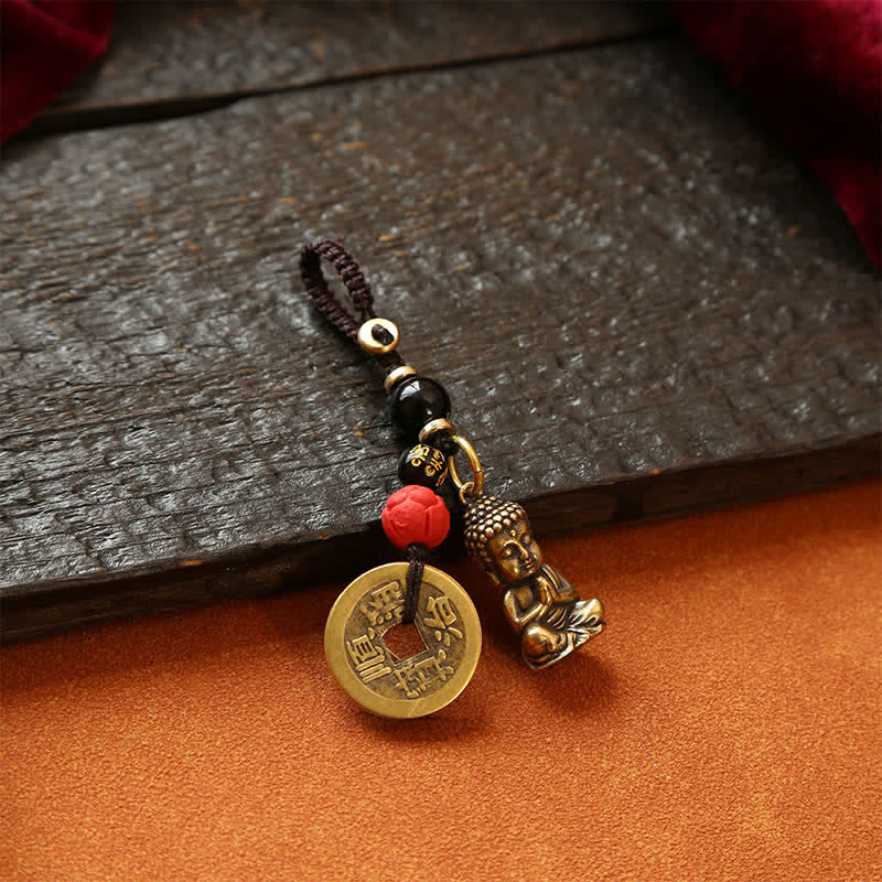 Buddha Stones Porte-clés en laiton avec Bouddha, cinq pièces d'empereur et cordon tressé, symbole de compassion - image 10