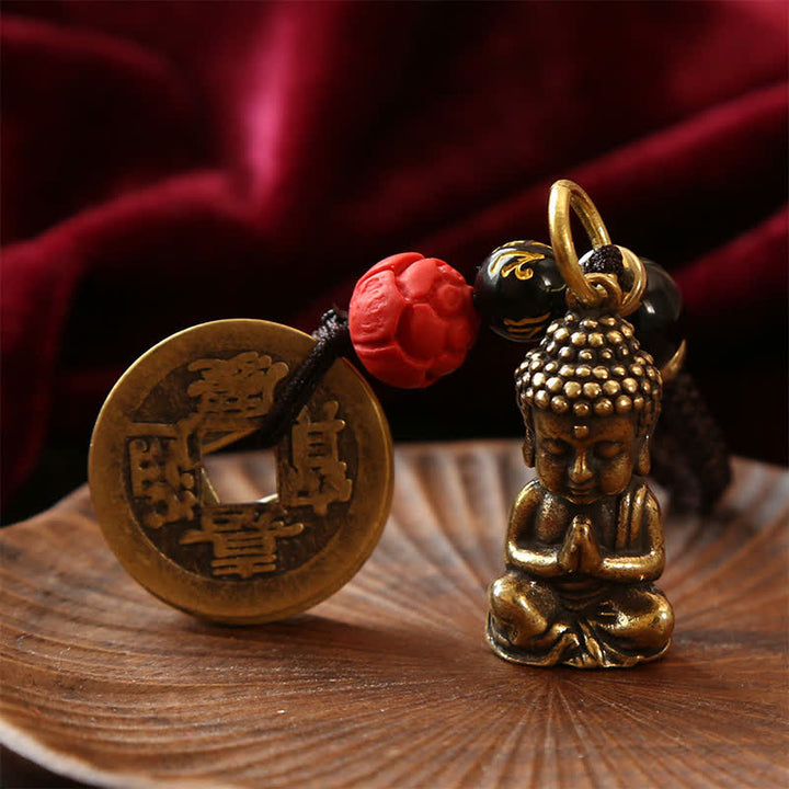Buddha Stones Porte-clés en laiton avec Bouddha, cinq pièces d'empereur et cordon tressé, symbole de compassion - image 12