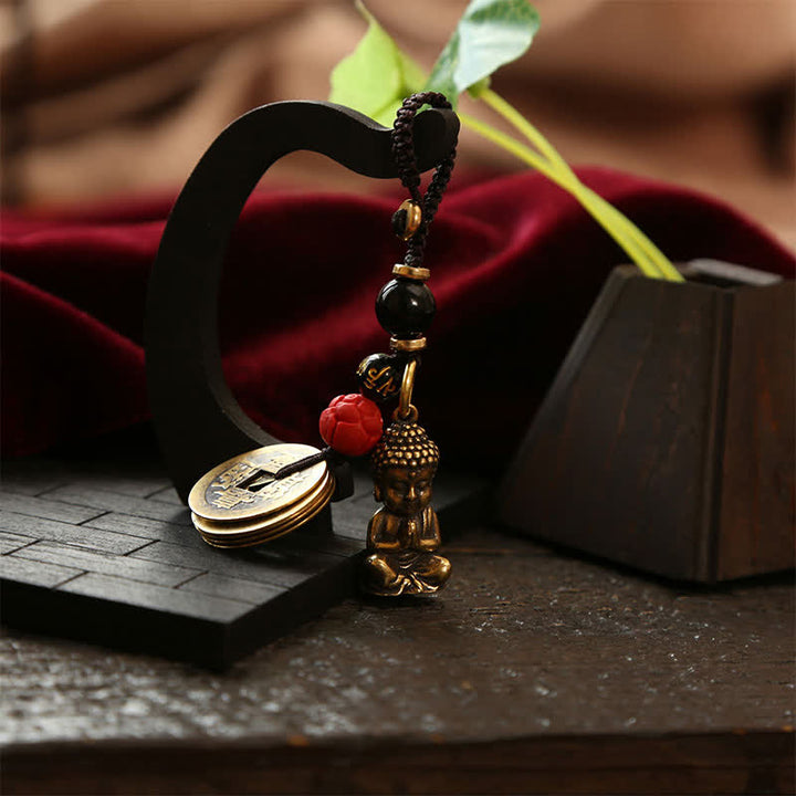 Buddha Stones Porte-clés en laiton avec Bouddha, cinq pièces d'empereur et cordon tressé, symbole de compassion - image 9