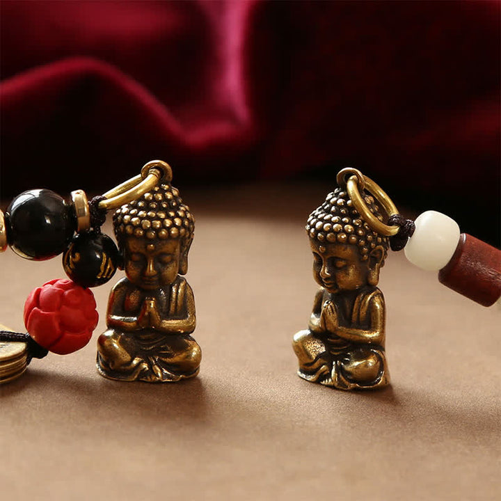 Buddha Stones Porte-clés en laiton avec Bouddha, cinq pièces d'empereur et cordon tressé, symbole de compassion - image 21