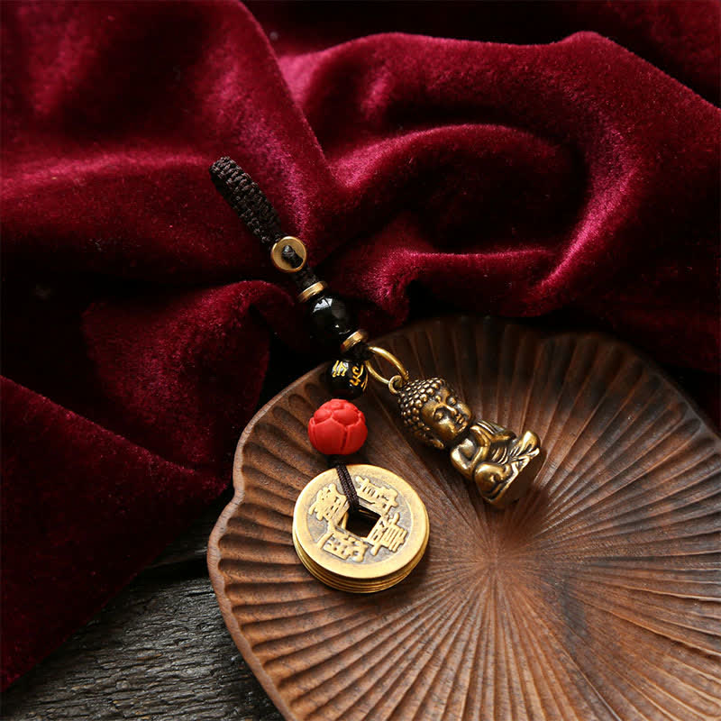Buddha Stones Porte-clés en laiton avec Bouddha, cinq pièces d'empereur et cordon tressé, symbole de compassion - image 14