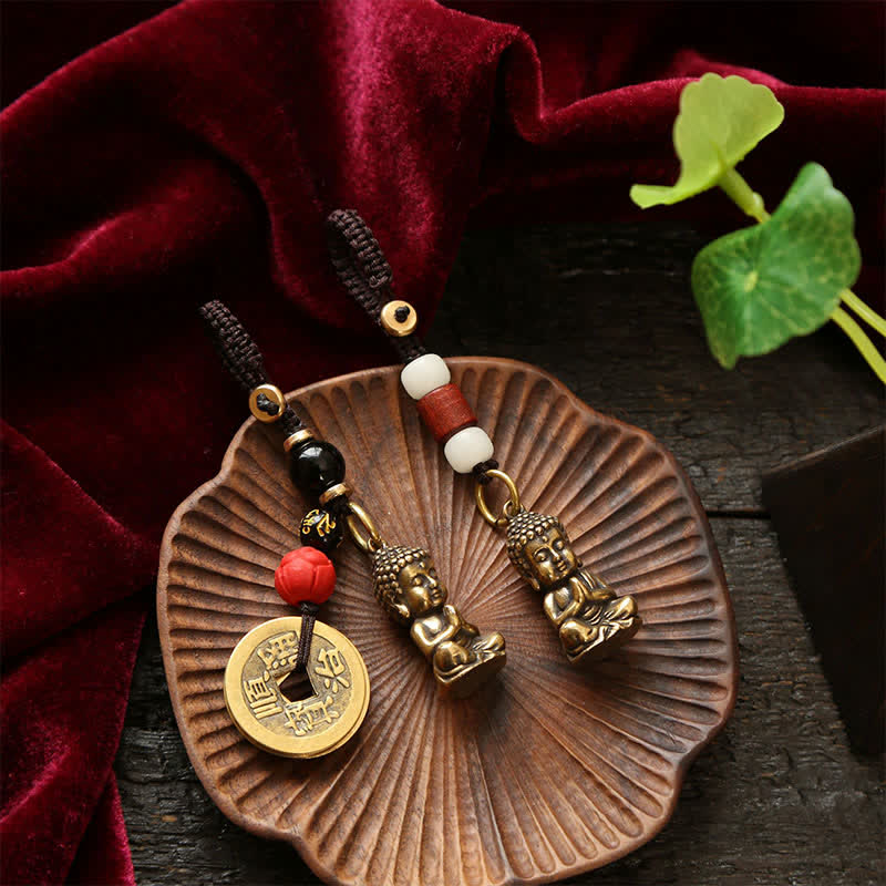 Buddha Stones Porte-clés en laiton avec Bouddha, cinq pièces d'empereur et cordon tressé, symbole de compassion - image 18