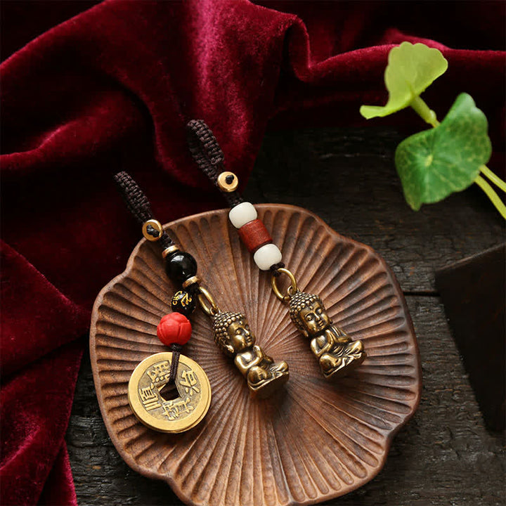 Buddha Stones Porte-clés en laiton avec Bouddha, cinq pièces d'empereur et cordon tressé, symbole de compassion - image 18