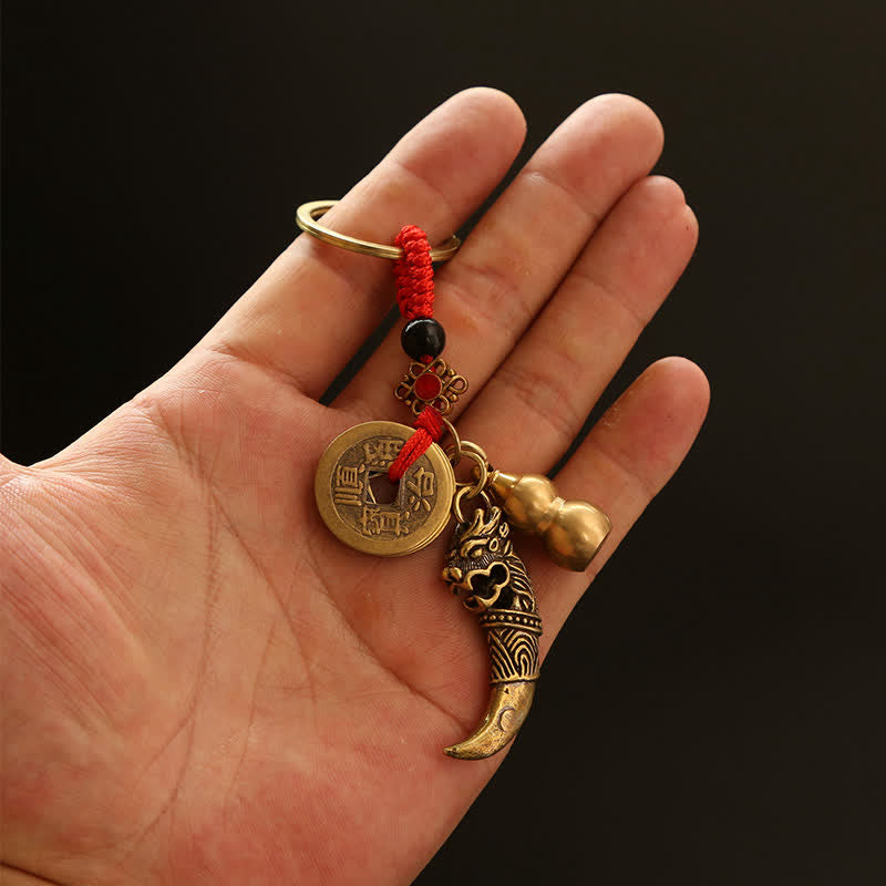 Buddha Stones Porte-clés en forme de gourde tressée en cuivre Pi Xiu, ornée de cinq pièces impériales - image 1