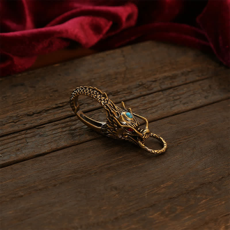 Buddha Stones Porte-clés de sécurité en laiton avec cadenas Dragon - Laiton Gemme Bleue - image 1