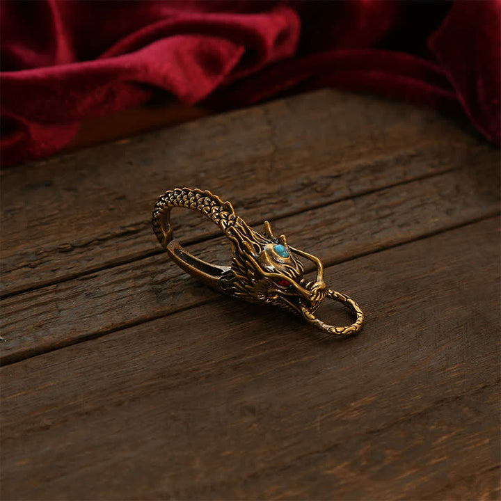 Buddha Stones Porte-clés de sécurité en laiton avec cadenas Dragon - Laiton Gemme Bleue - image 1
