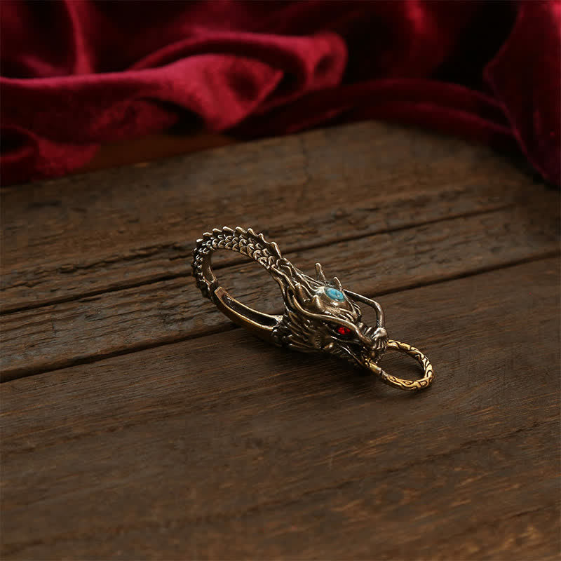 Buddha Stones Porte-clés de sécurité en laiton avec cadenas Dragon - Laiton argenté Gemme bleue - image 2