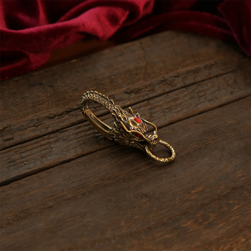 Buddha Stones Porte-clés de sécurité en laiton avec cadenas Dragon - Laiton Gemme Rouge - image 0