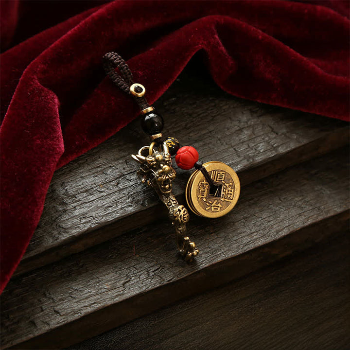 Buddha Stones Porte-clés de succès en laiton, pièces Ruyi des Cinq Empereurs et Dragon Ruyi - Perles noires et rouges - image 9