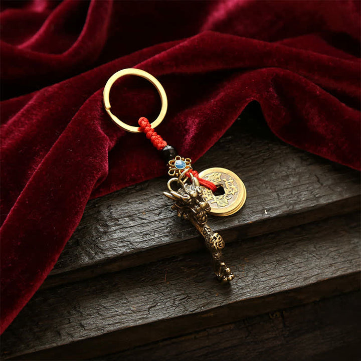 Buddha Stones Porte-clés de succès en laiton, pièces Ruyi des Cinq Empereurs et Dragon Ruyi - Cordon rouge - image 1