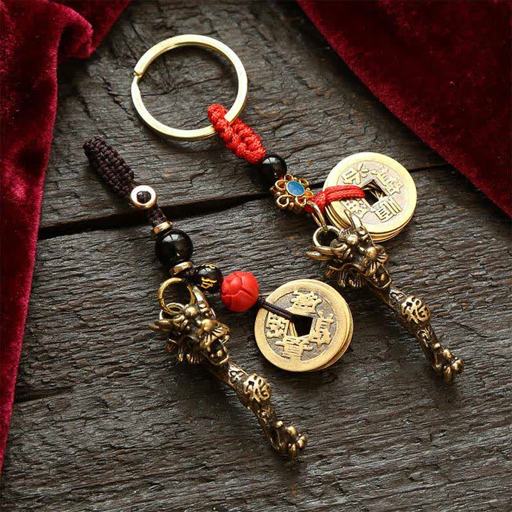 Buddha Stones Porte-clés de succès en laiton, pièces Ruyi des Cinq Empereurs et Dragon Ruyi - image 0