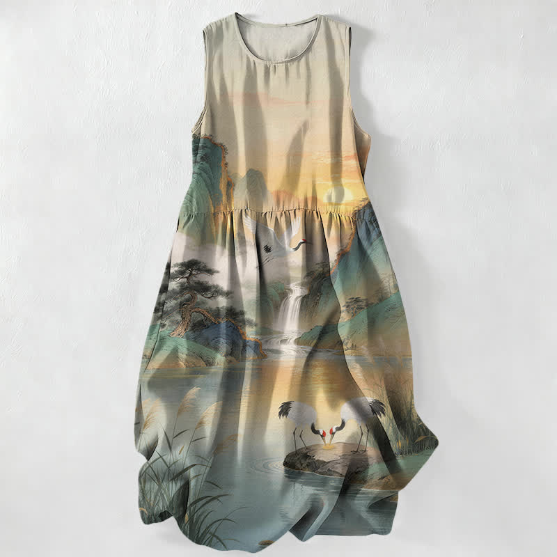 Buddha Stones Robe midi d'été décontractée pour femme, sans manches, avec poches, motif paysage de cascade et grues. - Gainsboro - US16，UK/AU20，EU48 (3XL) - image 0