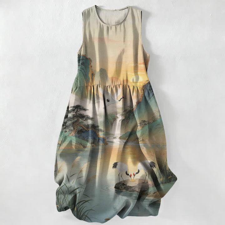 Buddha Stones Robe midi d'été décontractée pour femme, sans manches, avec poches, motif paysage de cascade et grues. - Gainsboro - US16，UK/AU20，EU48 (3XL) - image 0