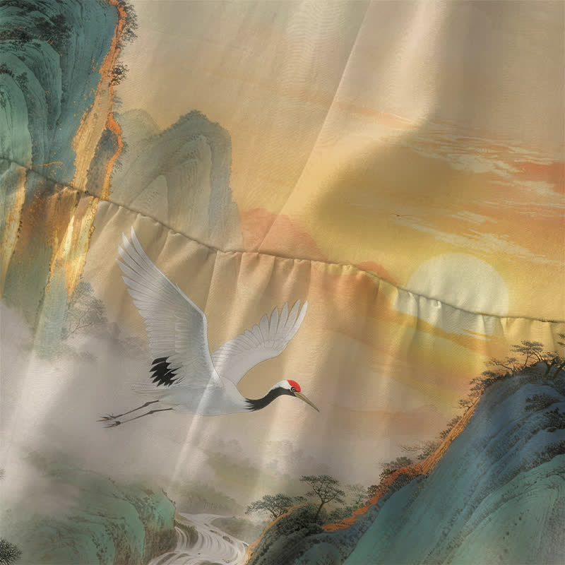 Buddha Stones Robe midi d'été décontractée pour femme, sans manches, avec poches, motif paysage de cascade et grues. - image 1