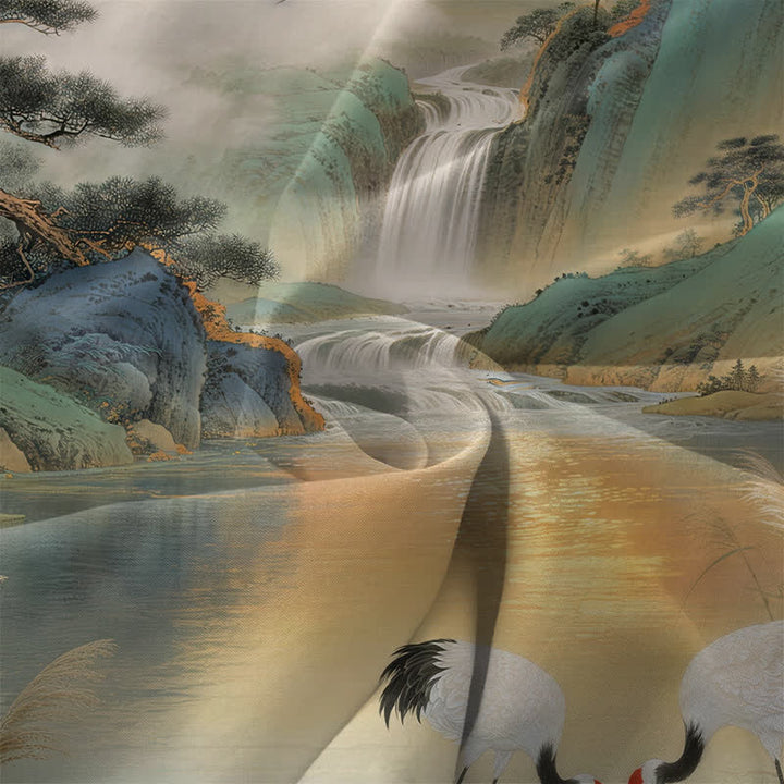 Buddha Stones Robe midi d'été décontractée pour femme, sans manches, avec poches, motif paysage de cascade et grues. - image 3