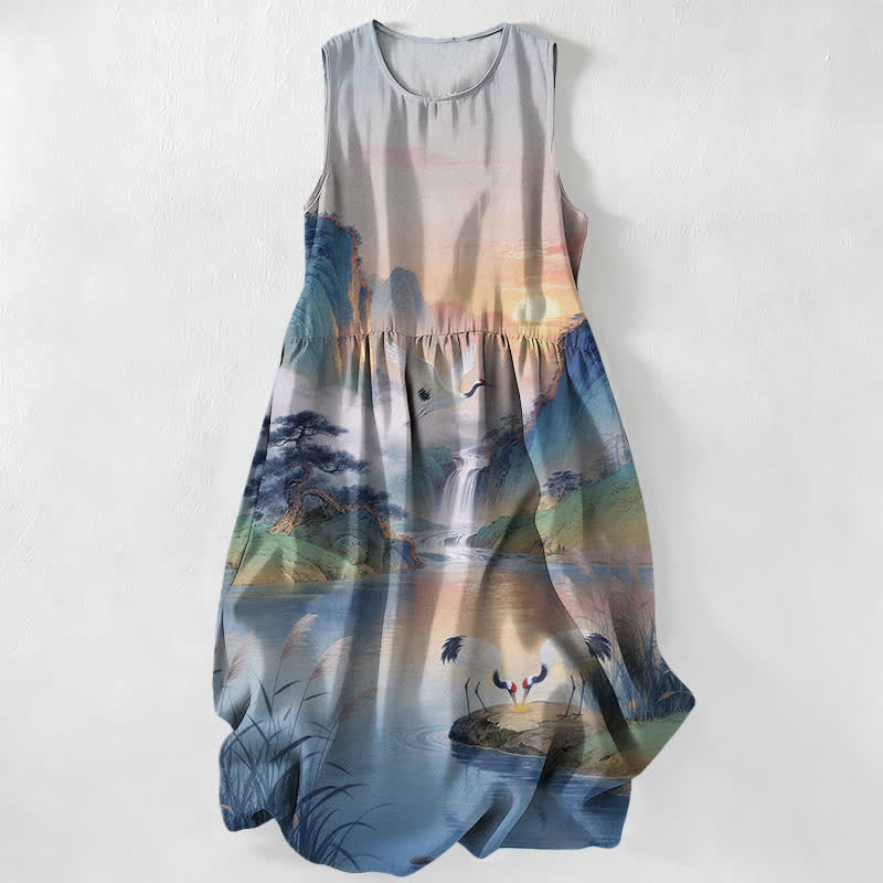 Buddha Stones Robe midi d'été décontractée pour femme, sans manches, avec poches, motif paysage de cascade et grues. - Bleu acier clair - US16，UK/AU20，EU48 (3XL) - image 4