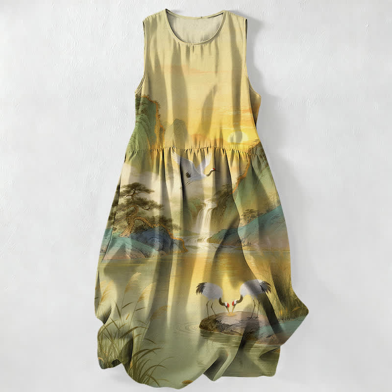 Buddha Stones Robe midi d'été décontractée pour femme, sans manches, avec poches, motif paysage de cascade et grues. - Kaki - US16，UK/AU20，EU48 (3XL) - image 5
