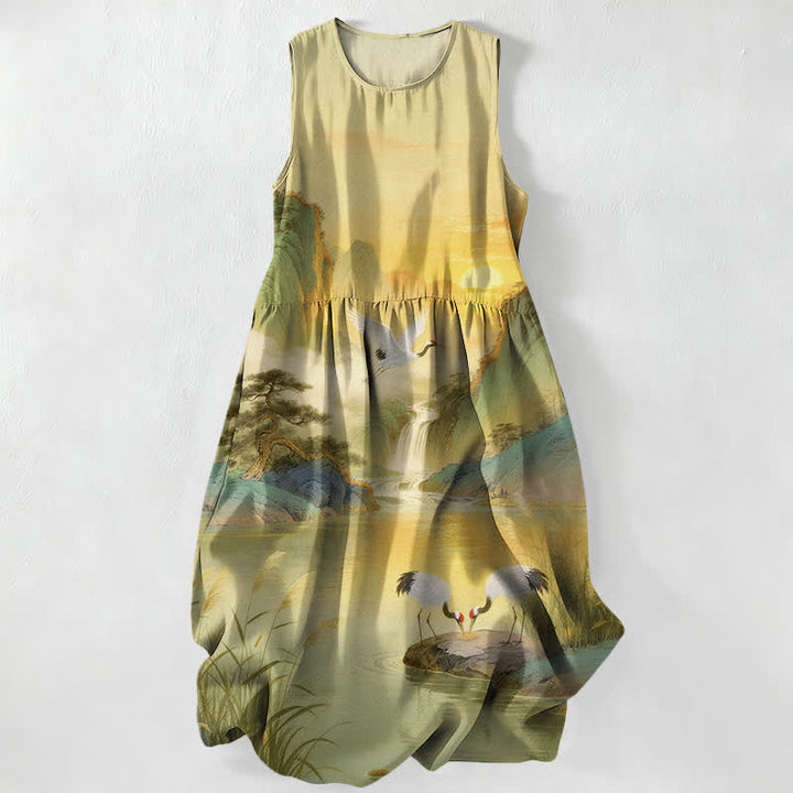 Buddha Stones Robe midi d'été décontractée pour femme, sans manches, avec poches, motif paysage de cascade et grues. - Kaki - US16，UK/AU20，EU48 (3XL) - image 5