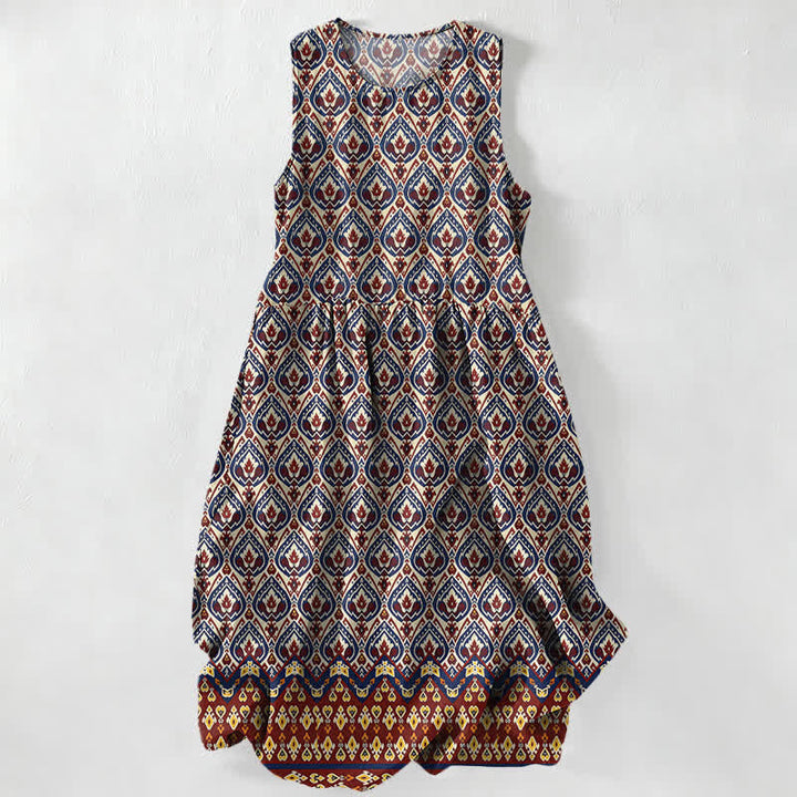 Buddha Stones Robe midi d'été décontractée bohème à motif géométrique ikat ikat pour femme, sans manches et avec poches - Rouge foncé - US16，UK/AU20，EU48 (3XL) - image 0
