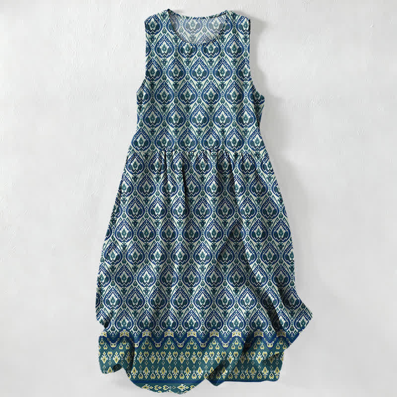 Buddha Stones Robe midi d'été décontractée bohème à motif géométrique ikat ikat pour femme, sans manches et avec poches - SteelBlue - US16，UK/AU20，EU48 (3XL) - image 4
