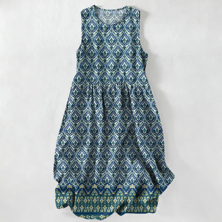 Buddha Stones Robe midi d'été décontractée bohème à motif géométrique ikat ikat pour femme, sans manches et avec poches - SteelBlue - US16，UK/AU20，EU48 (3XL) - image 4