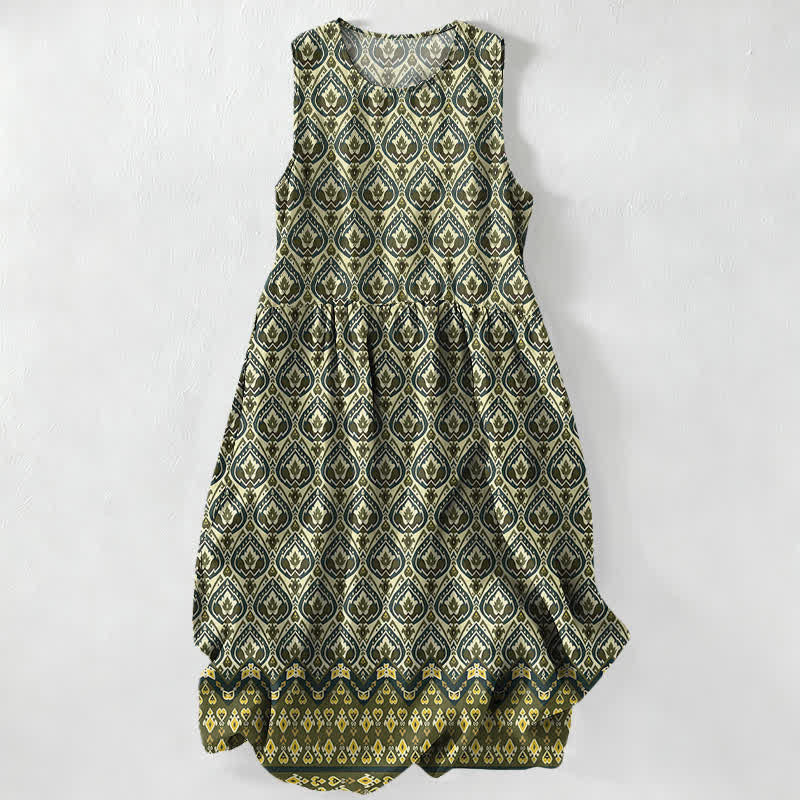 Buddha Stones Robe midi d'été décontractée bohème à motif géométrique ikat ikat pour femme, sans manches et avec poches - Vert olive foncé - US16，UK/AU20，EU48 (3XL) - image 5