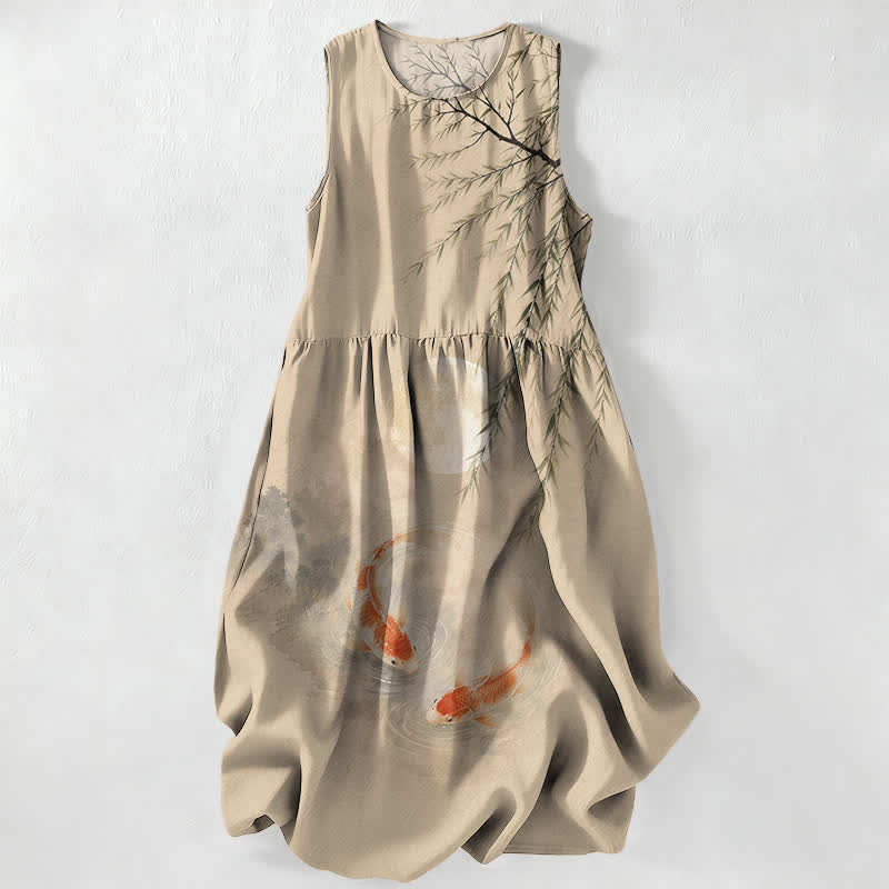 Buddha Stones Robe midi d'été décontractée pour femme, motif carpes koï et saule, sans manches et avec poches - Tanné - US16，UK/AU20，EU48 (3XL) - image 0
