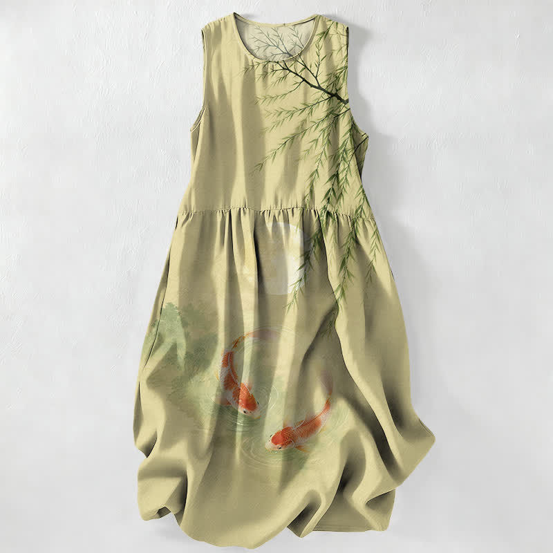 Buddha Stones Robe midi d'été décontractée pour femme, motif carpes koï et saule, sans manches et avec poches - JauneVert - US16，UK/AU20，EU48 (3XL) - image 4