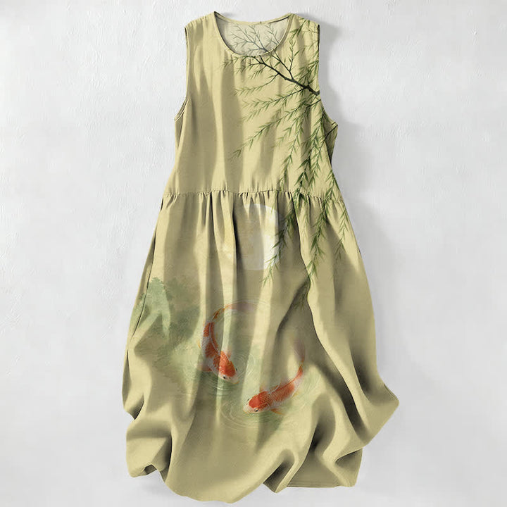 Buddha Stones Robe midi d'été décontractée pour femme, motif carpes koï et saule, sans manches et avec poches - JauneVert - US16，UK/AU20，EU48 (3XL) - image 4