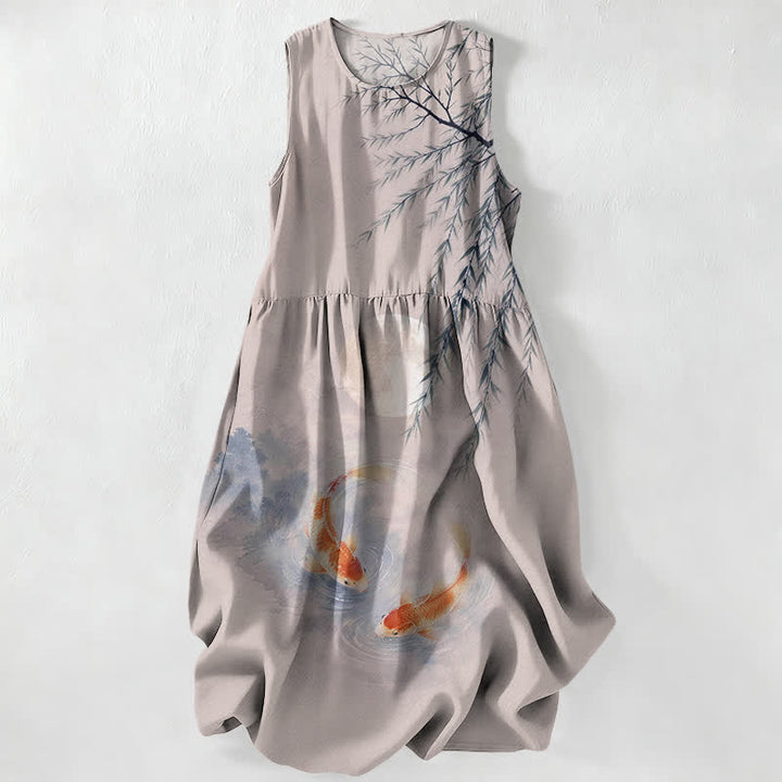 Buddha Stones Robe midi d'été décontractée pour femme, motif carpes koï et saule, sans manches et avec poches - Gainsboro - US16，UK/AU20，EU48 (3XL) - image 5