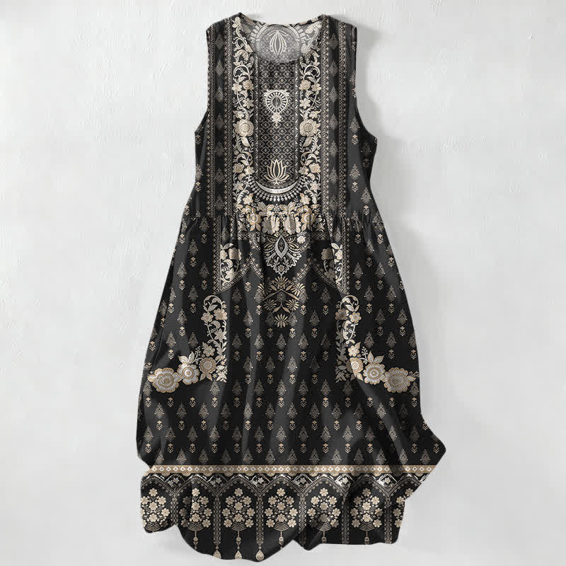 Buddha Stones Robe midi d'été décontractée de style bohème, à motif médaillon ethnique, sans manches et avec poches, pour femme - Noir - US16，UK/AU20，EU48 (3XL) - image 0