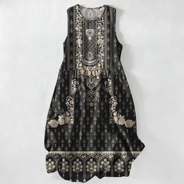 Buddha Stones Robe midi d'été décontractée de style bohème, à motif médaillon ethnique, sans manches et avec poches, pour femme - Noir - US16，UK/AU20，EU48 (3XL) - image 0
